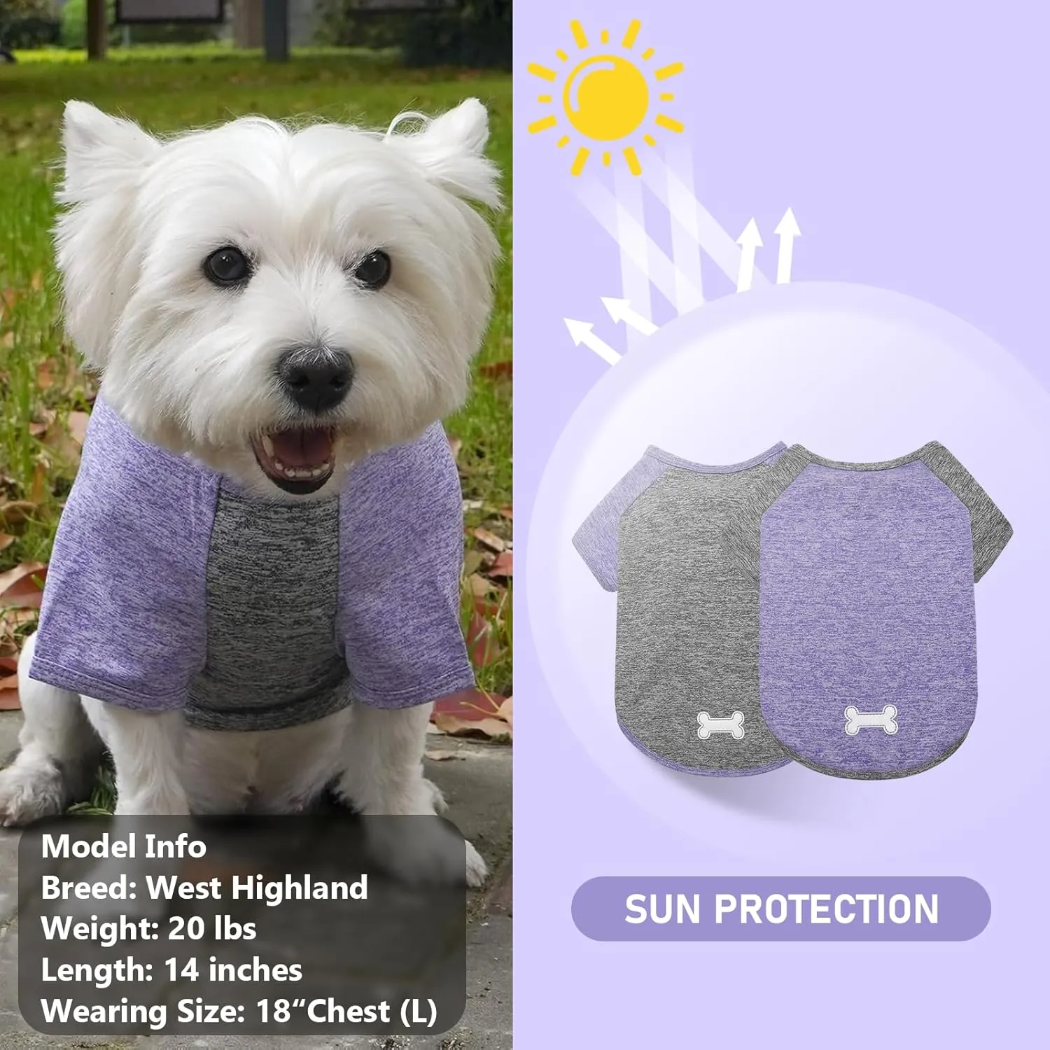 KYEESE 2 Pack Dog Shirts Quick Dry Breathable Raglan Sleeve Soft Stretchy Dog T-Shirts with Reflective Label Pet Clothes for Small Dogs Sun Protection, Purple Grey, L