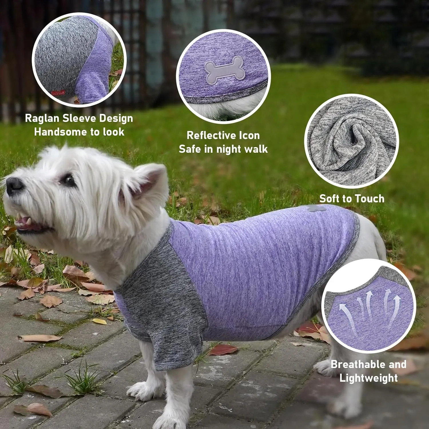 KYEESE 2 Pack Dog Shirts Quick Dry Breathable Raglan Sleeve Soft Stretchy Dog T-Shirts with Reflective Label Pet Clothes for Small Dogs Sun Protection, Purple Grey, L