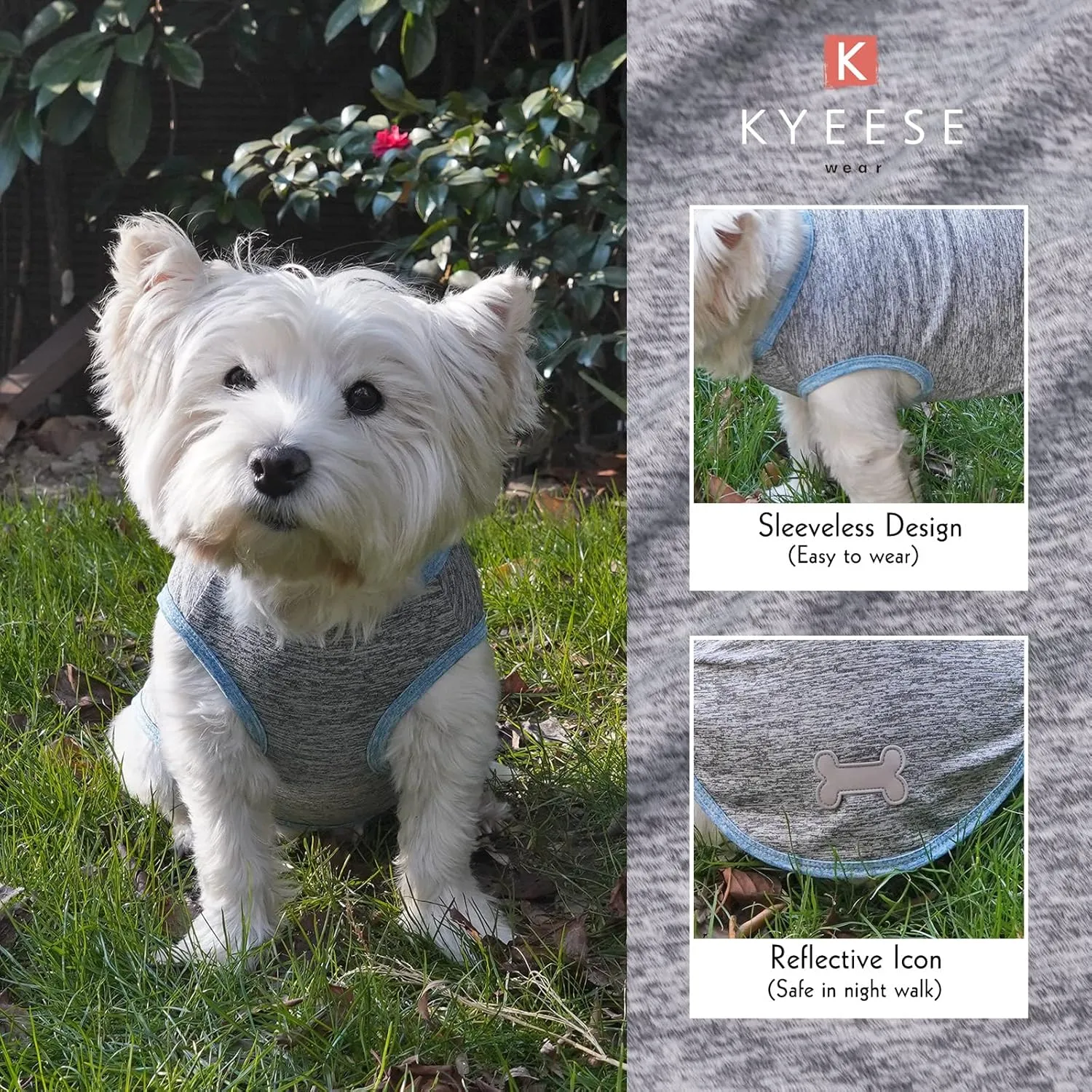KYEESE 2 Pack Dog Shirts Quick Dry Soft Stretchy Dog T-Shirts with Reflective Label Tank Top Sleeveless Vest Sun Protection Pet Clothes for Large Pet, Large, Light Blue Grey