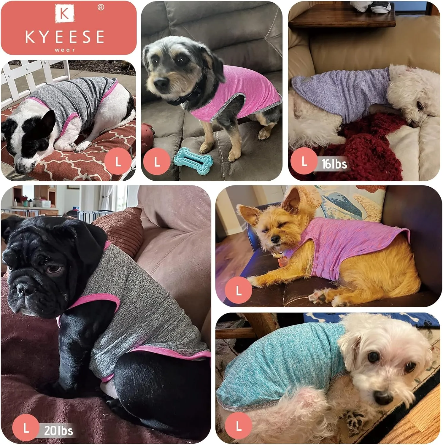 KYEESE 2 Pack Dog Shirts Quick Dry Soft Stretchy Dog T-Shirts with Reflective Label Tank Top Sleeveless Vest Sun Protection Pet Clothes for Large Pet, Large, Light Blue Grey