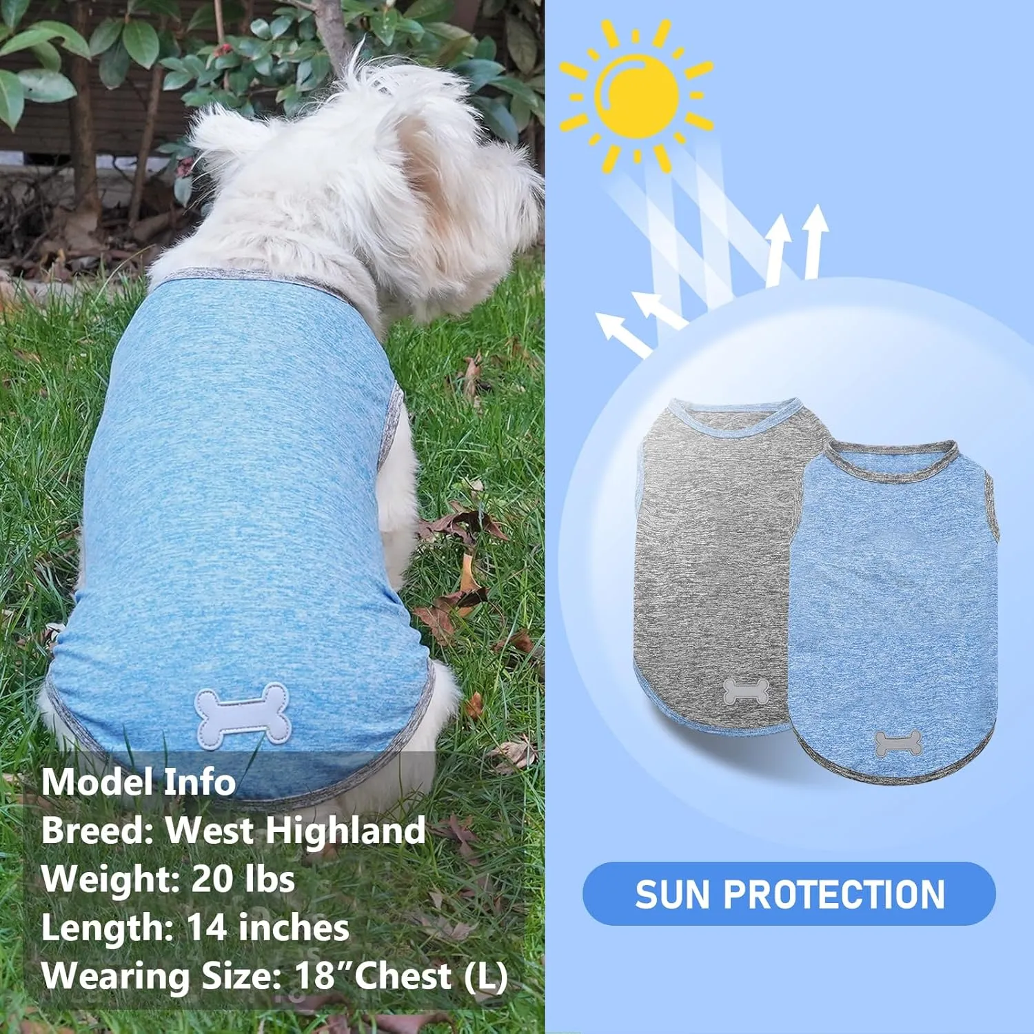 KYEESE 2 Pack Dog Shirts Quick Dry Soft Stretchy Dog T-Shirts with Reflective Label Tank Top Sleeveless Vest Sun Protection Pet Clothes for Large Pet, Large, Light Blue Grey