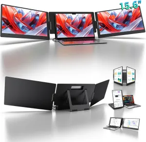 KYY 15.6" Laptop Screen Extender, 1080P FHD IPS Portable Monitor, One Cable USB-C Triple Monitor, Dual Travel Screen for 12"-17'' Laptops, 360° Rotation & Kickstand，X90D