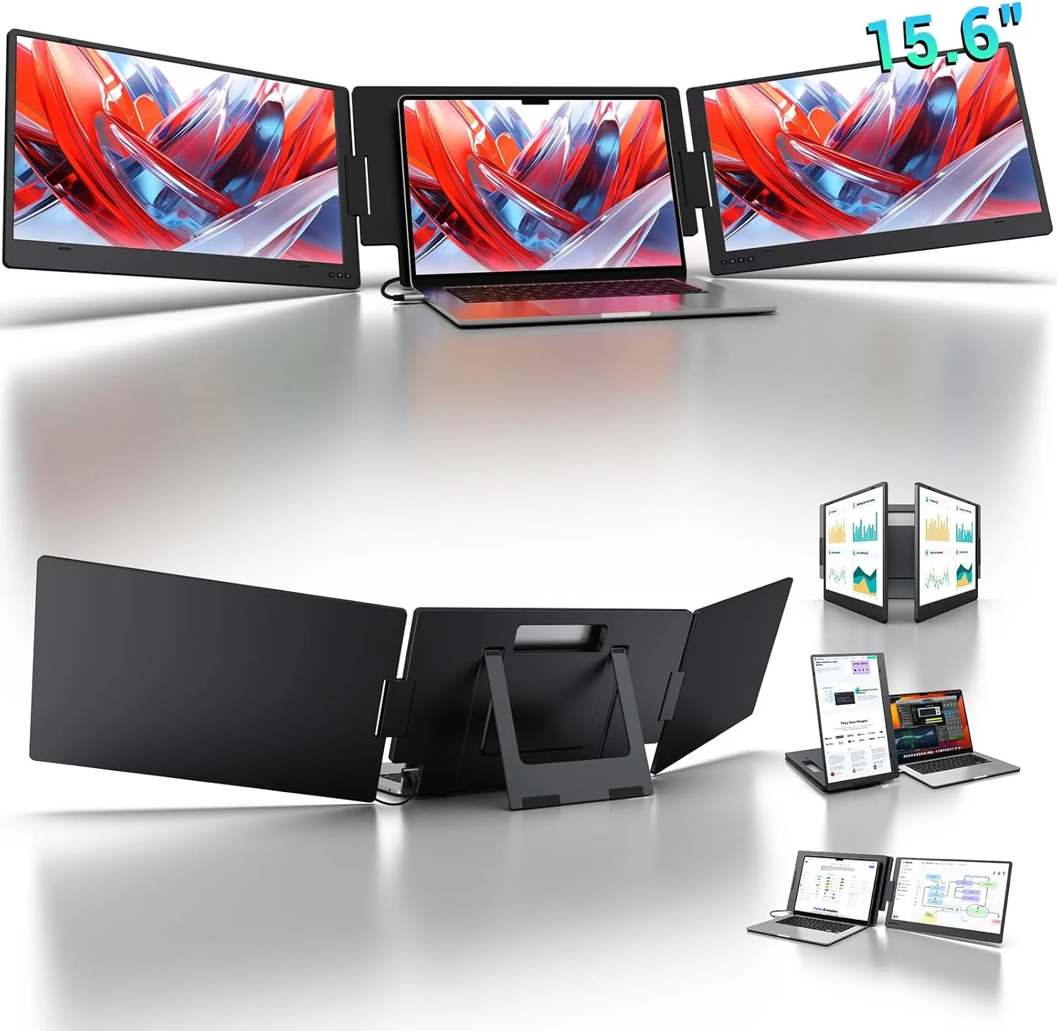 KYY 15.6" Laptop Screen Extender, 1080P FHD IPS Portable Monitor, One Cable USB-C Triple Monitor, Dual Travel Screen for 12"-17'' Laptops, 360° Rotation & Kickstand，X90D
