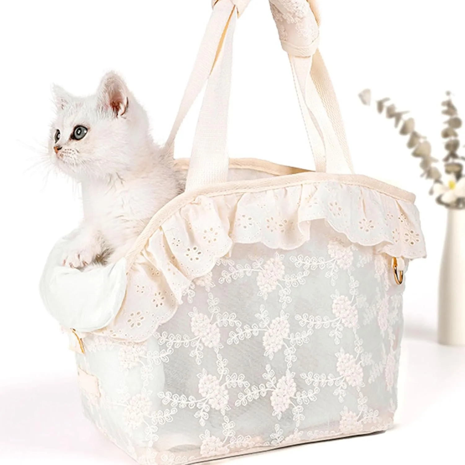 Lace Dog Bag, Pet Carrier Purse Breathable Large Capacity Prevents Breaking Free D Ring Pet Travel Handbag for Small Dogs Medium Cats, Soft Sided Dog Carrier for Small Puppy Kitten(Small)