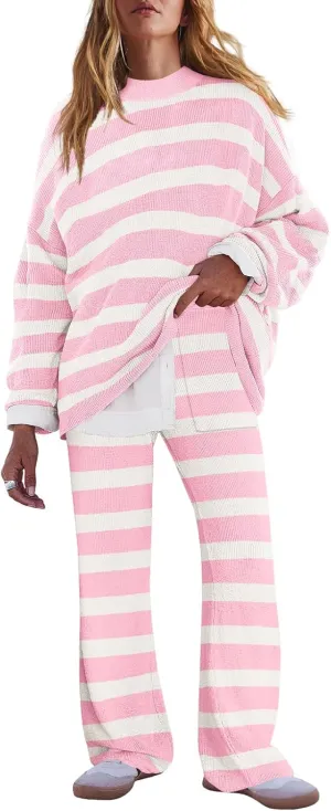 LAMISSCHE Oversized Womens Lounge Set Striped Sweater Set Long Sleeve 2 Piece Pajama Set Top and Pants with Pockets