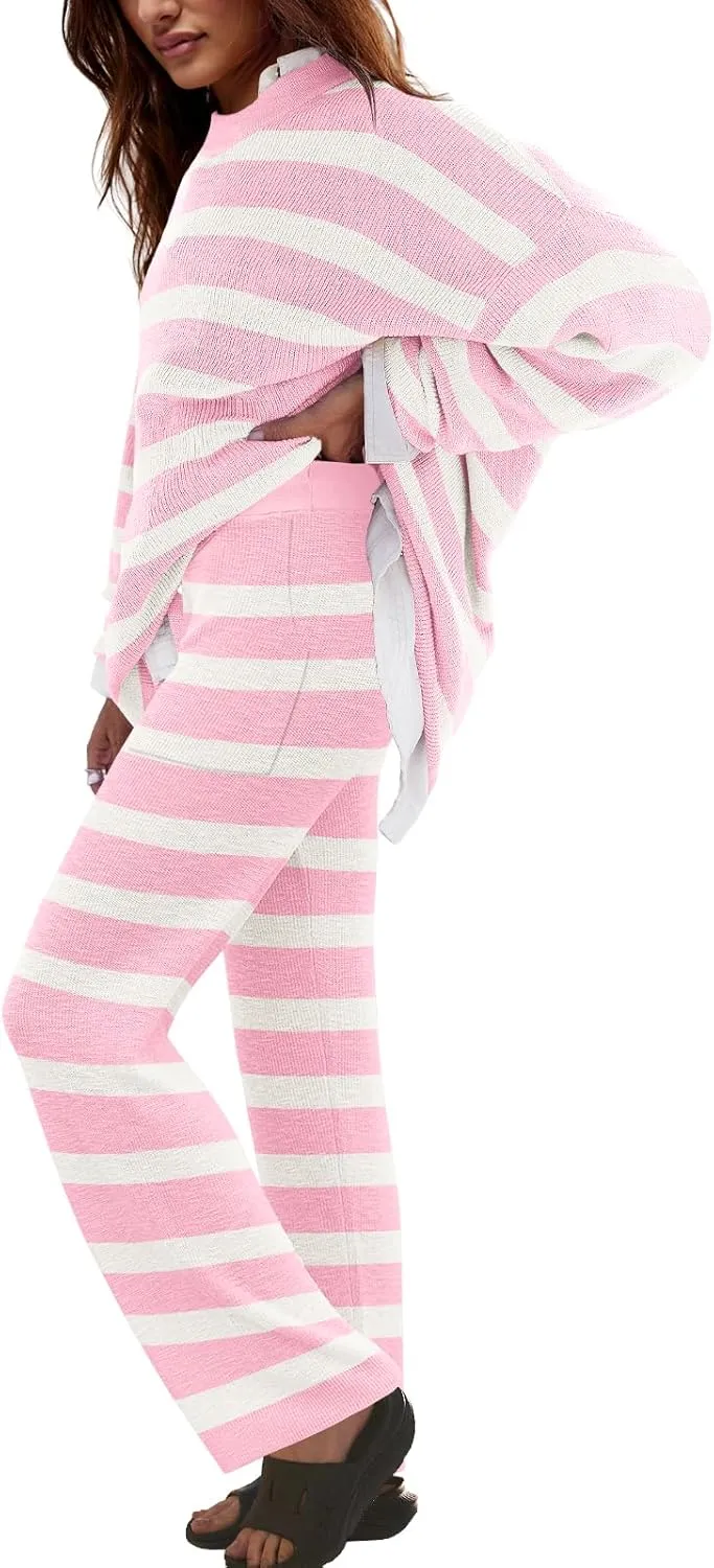 LAMISSCHE Oversized Womens Lounge Set Striped Sweater Set Long Sleeve 2 Piece Pajama Set Top and Pants with Pockets