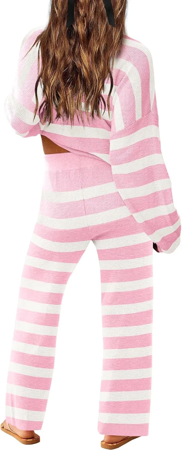 LAMISSCHE Oversized Womens Lounge Set Striped Sweater Set Long Sleeve 2 Piece Pajama Set Top and Pants with Pockets
