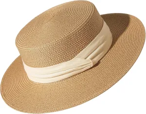 Lanzom Sun Hats for Women Wide Brim Straw Boater Hat Foldable Packable Beach Hat for Summer Fit Size 6 8/7-7 1/4