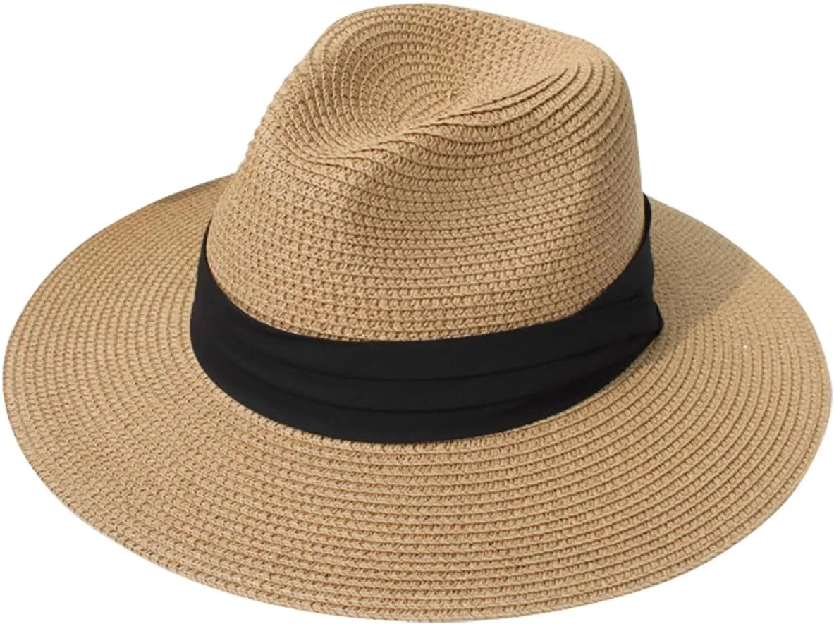 Lanzom Women Wide Brim Straw Panama Roll up Hat Fedora Beach Sun Hat UPF50 