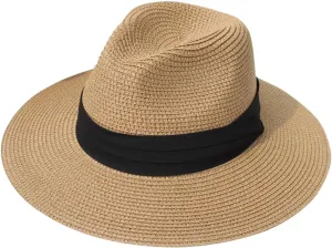 Lanzom Women Wide Brim Straw Panama Roll up Hat Fedora Beach Sun Hat UPF50 