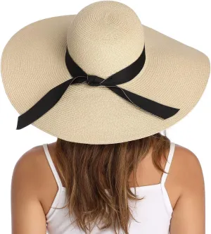 Lanzom Womens Wide Brim Straw Hat Big Floppy Foldable Roll up Cap Beach Sun Hat UPF 50 