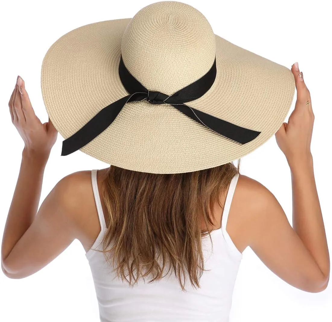 Lanzom Womens Wide Brim Straw Hat Big Floppy Foldable Roll up Cap Beach Sun Hat UPF 50 