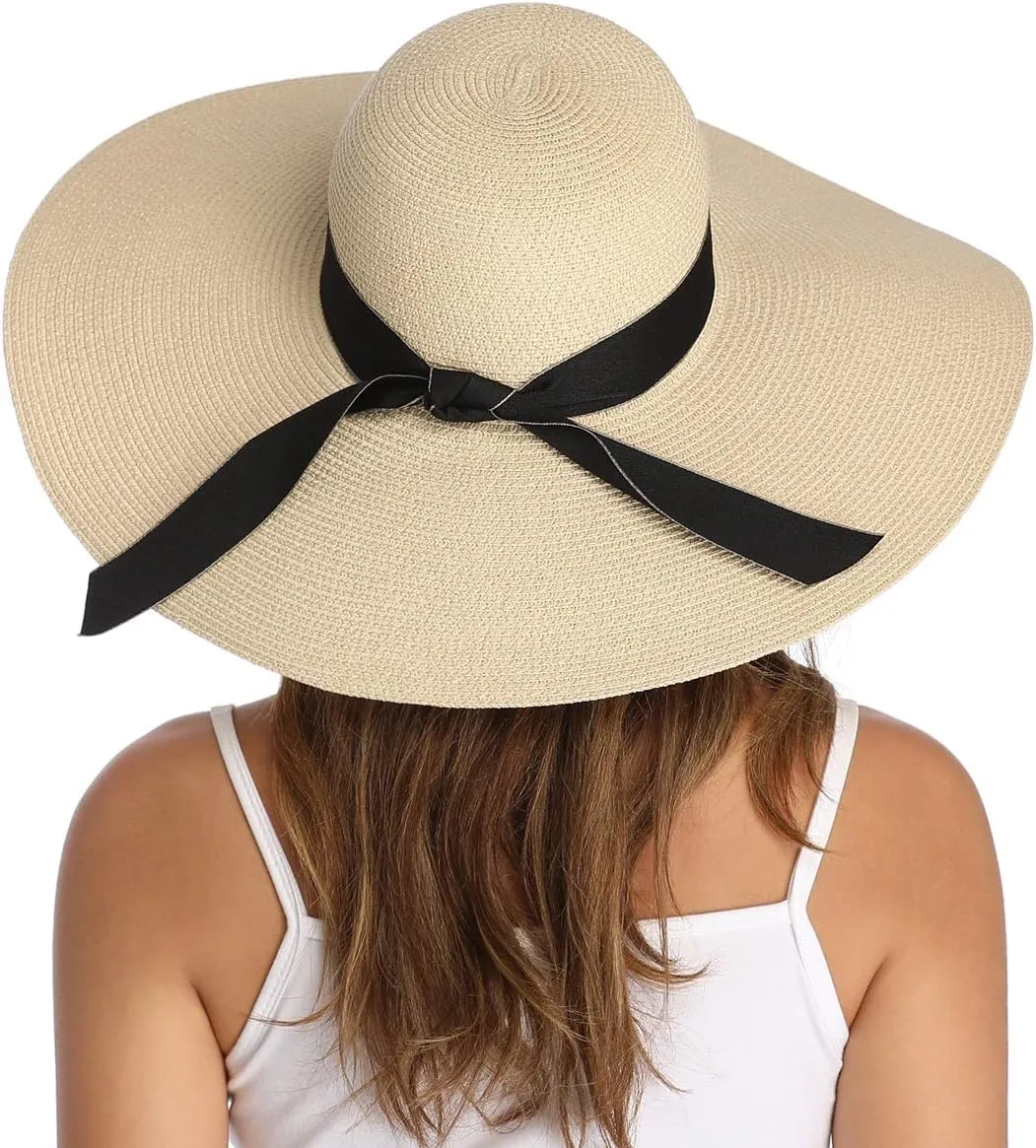Lanzom Womens Wide Brim Straw Hat Big Floppy Foldable Roll up Cap Beach Sun Hat UPF 50 