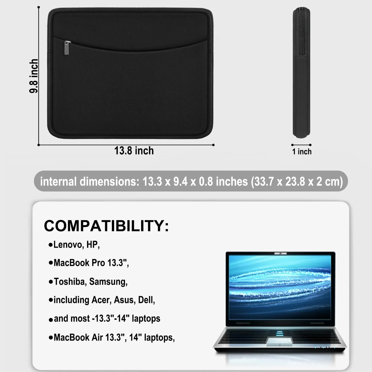 Laptop Sleeve 13.3 inch, Shockproof Protective Briefcase Carrying Computer Cover Bag with Accessory Pocket Portable Laptop Case Compatible with MacBook Air Pro 13.3 inch 14 inch, Black
