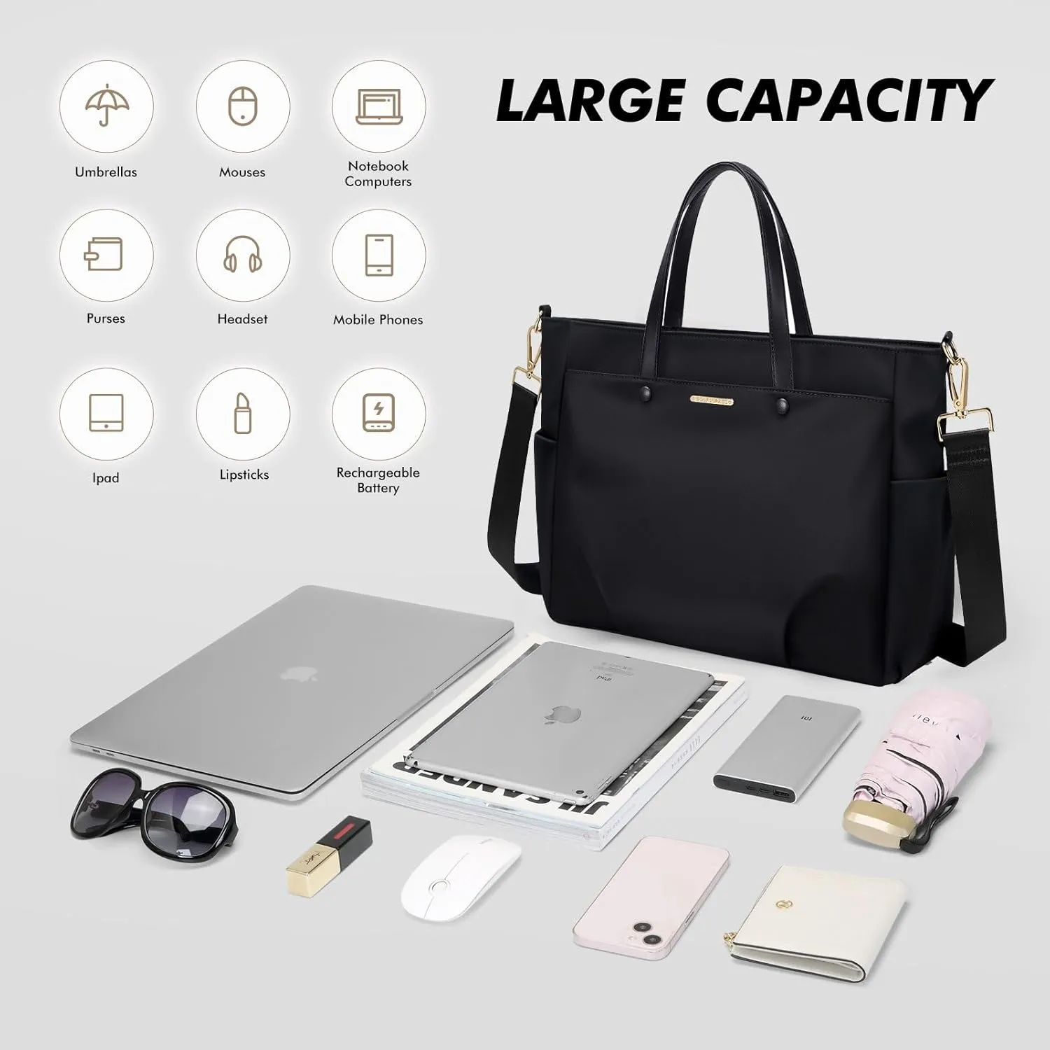 Laptop Tote Bag 15.6 Inch, Computer Shoulder Bag Large Work Tote Bag for Women, Laptop Carrying Case Stylish Handbag for Business Travel (Black)