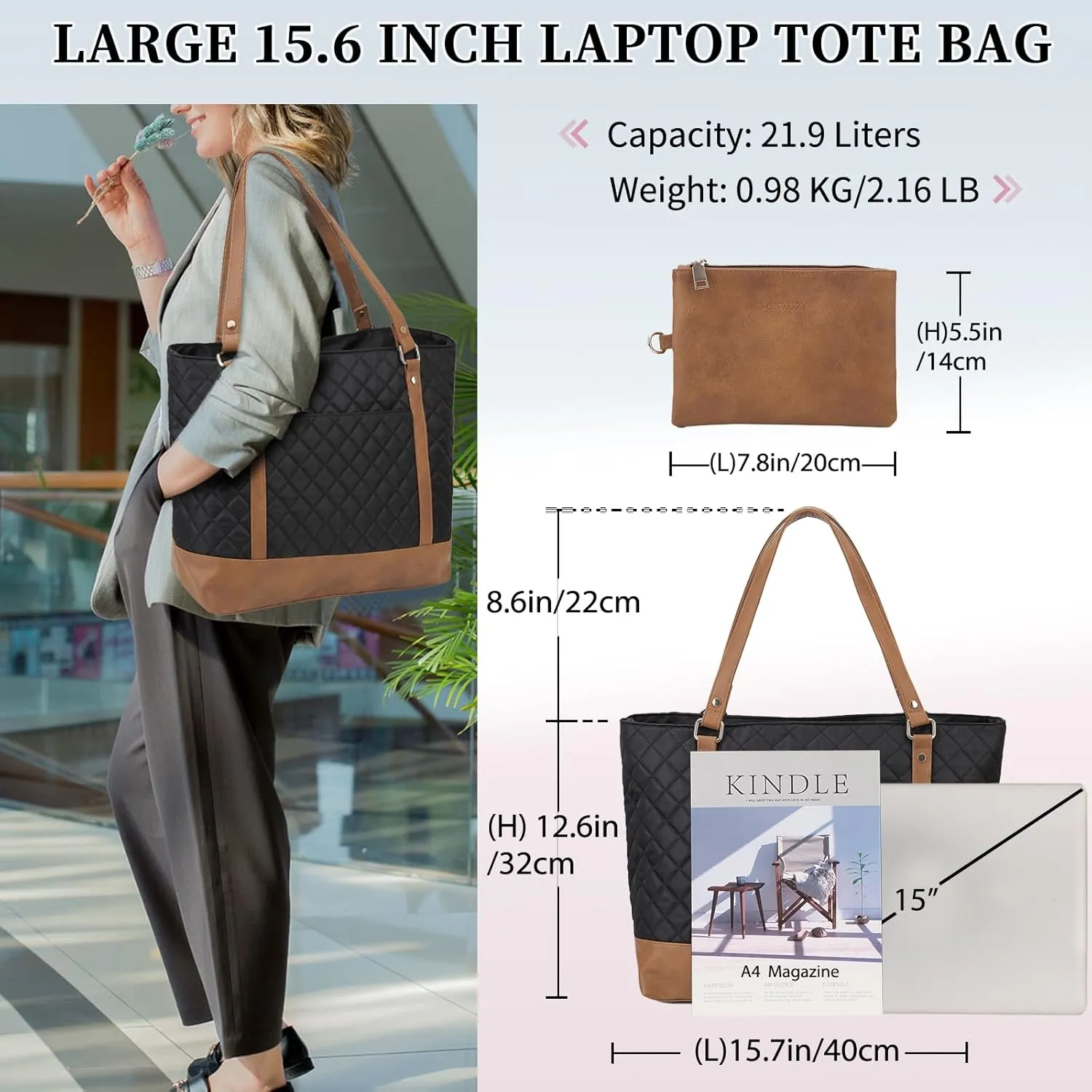 Laptop Tote Bag for Women, 15.6 Inch Computer Shoulder Bag Teacher Work Bag Travel Purse with Small Pouch VONXURY