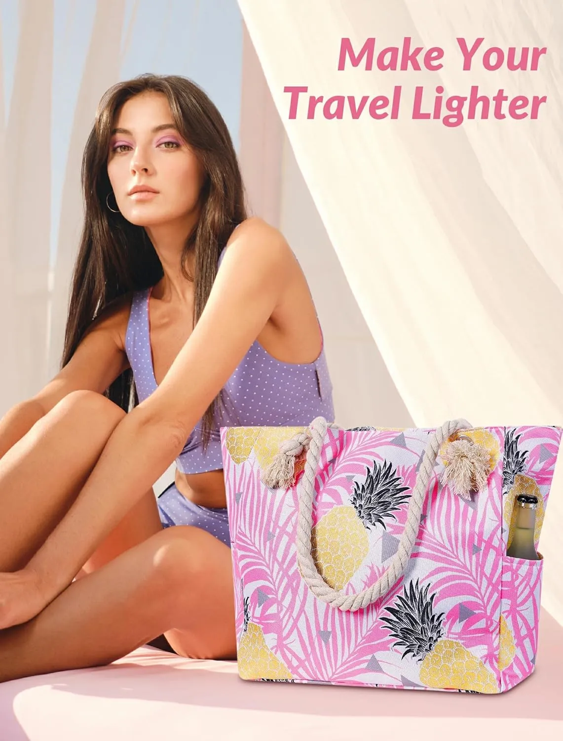 Large Canvas Beach Tote Bag Waterproof Sand proof for Women Her Swim,Travel,Shopping,Gym,Cruise Essentials Gear