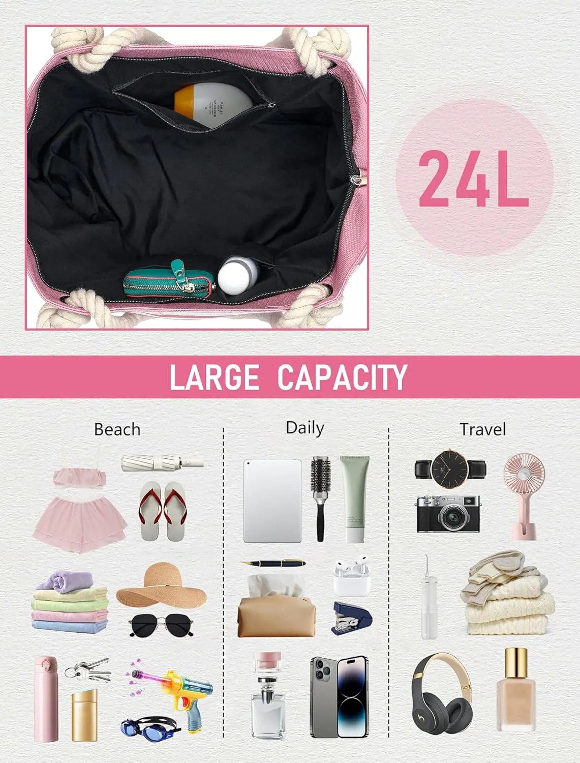 Large Canvas Beach Tote Bag with Zipper Waterproof for Women Swim Travel Swim Pool Shopping Cruise Essentials Gifts