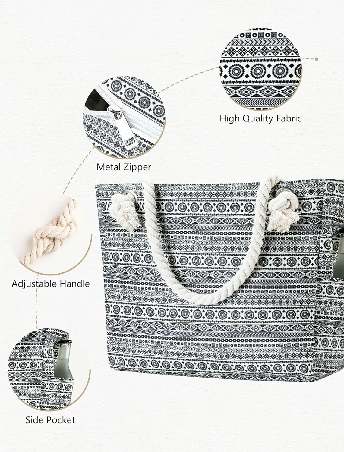 Large Canvas Beach Tote Bag with Zipper Waterproof for Women Swim Travel Swim Pool Shopping Cruise Essentials Gifts
