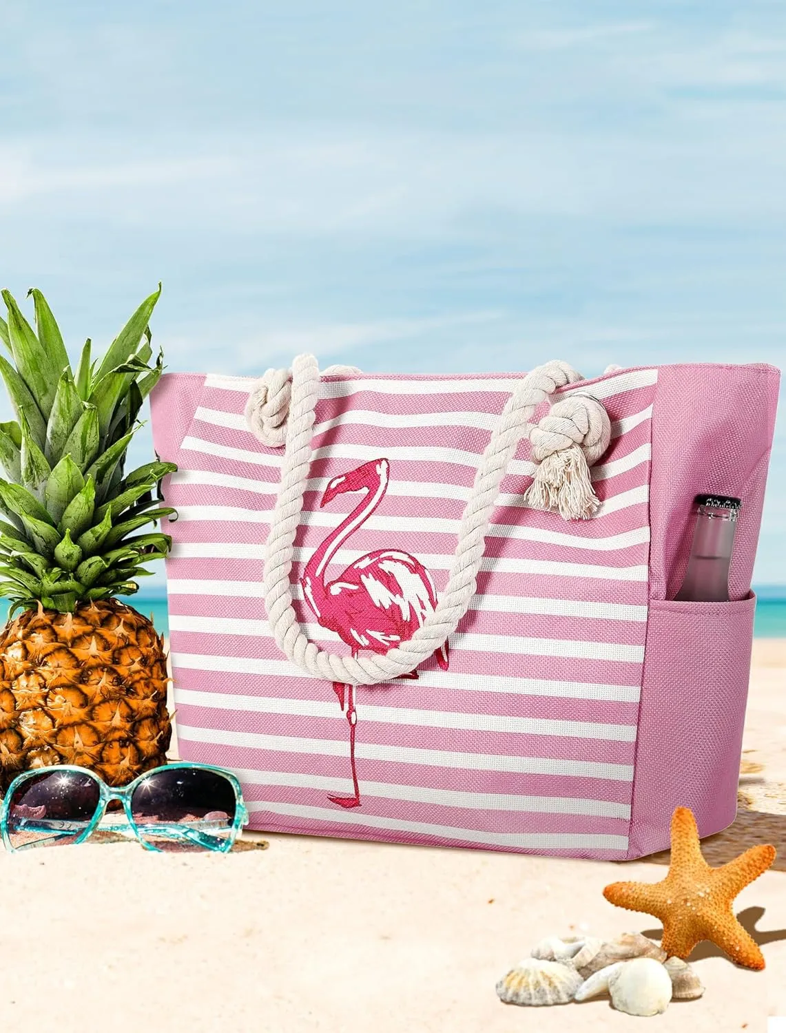 Large Canvas Beach Tote Bag with Zipper Waterproof for Women Swim Travel Swim Pool Shopping Cruise Essentials Gifts
