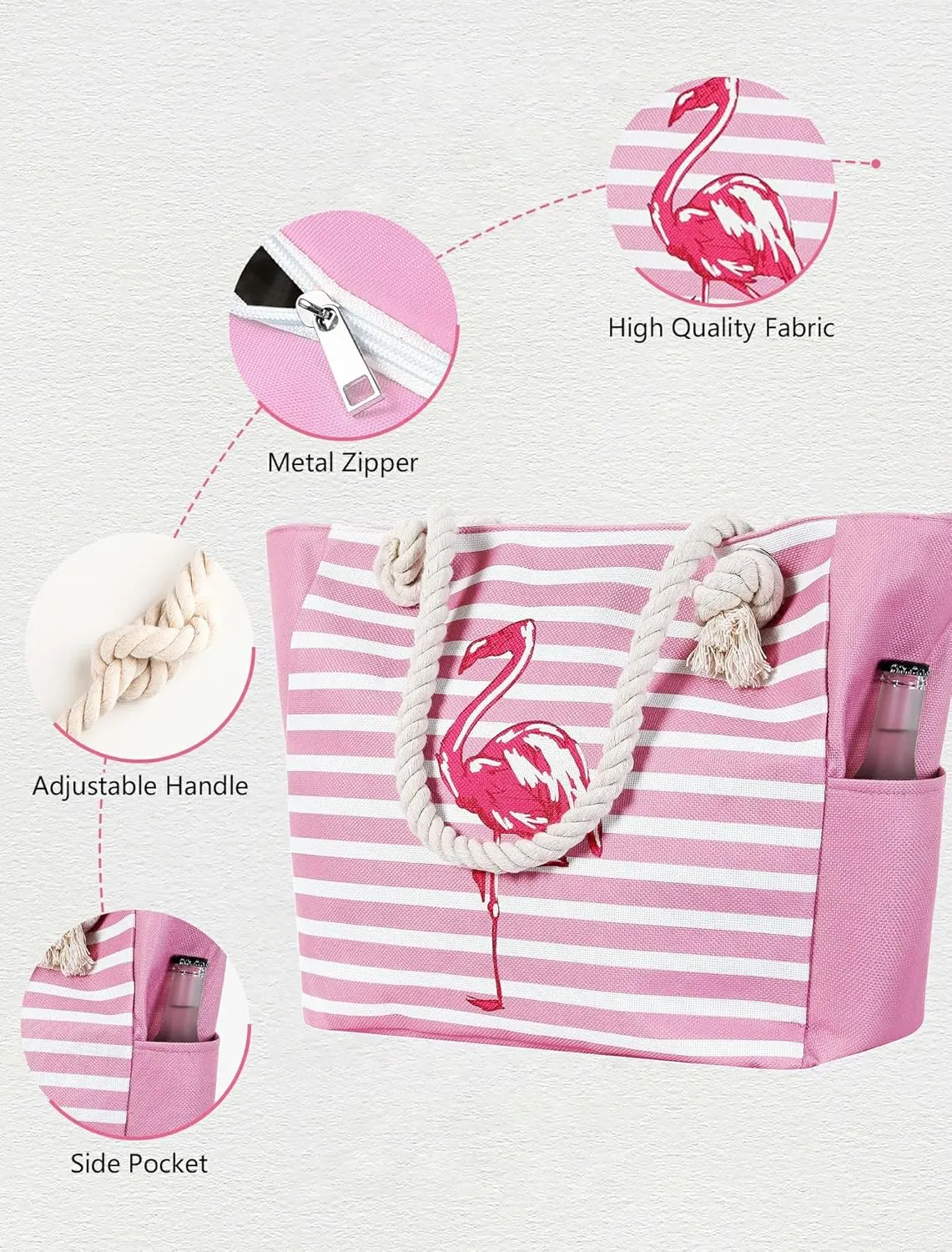Large Canvas Beach Tote Bag with Zipper Waterproof for Women Swim Travel Swim Pool Shopping Cruise Essentials Gifts