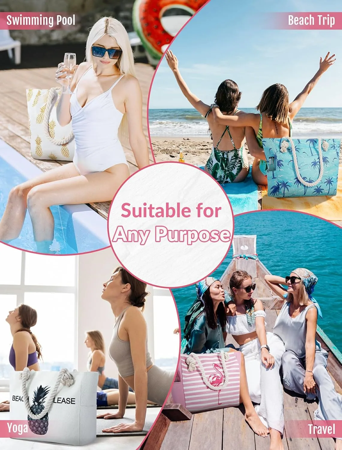 Large Canvas Beach Tote Bag with Zipper Waterproof for Women Swim Travel Swim Pool Shopping Cruise Essentials Gifts