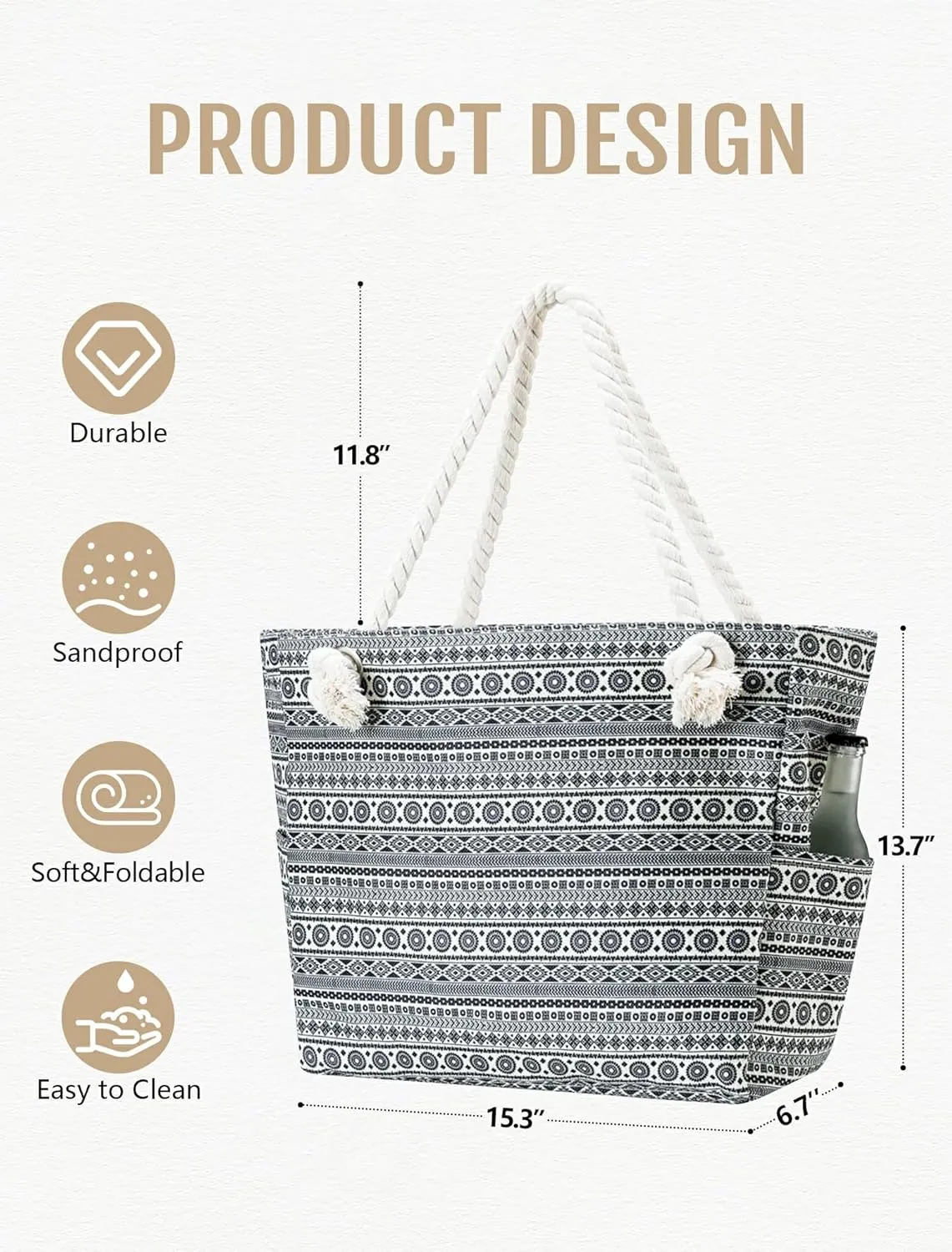Large Canvas Beach Tote Bag with Zipper Waterproof for Women Swim Travel Swim Pool Shopping Cruise Essentials Gifts