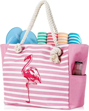 Large Canvas Beach Tote Bag with Zipper Waterproof for Women Swim Travel Swim Pool Shopping Cruise Essentials Gifts