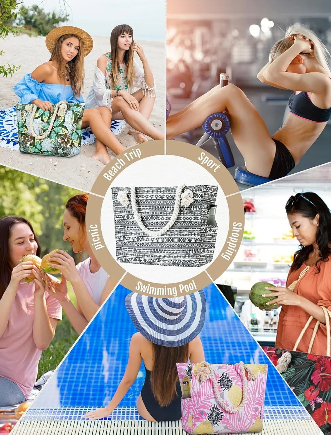 Large Canvas Beach Tote Bag with Zipper Waterproof for Women Swim Travel Swim Pool Shopping Cruise Essentials Gifts