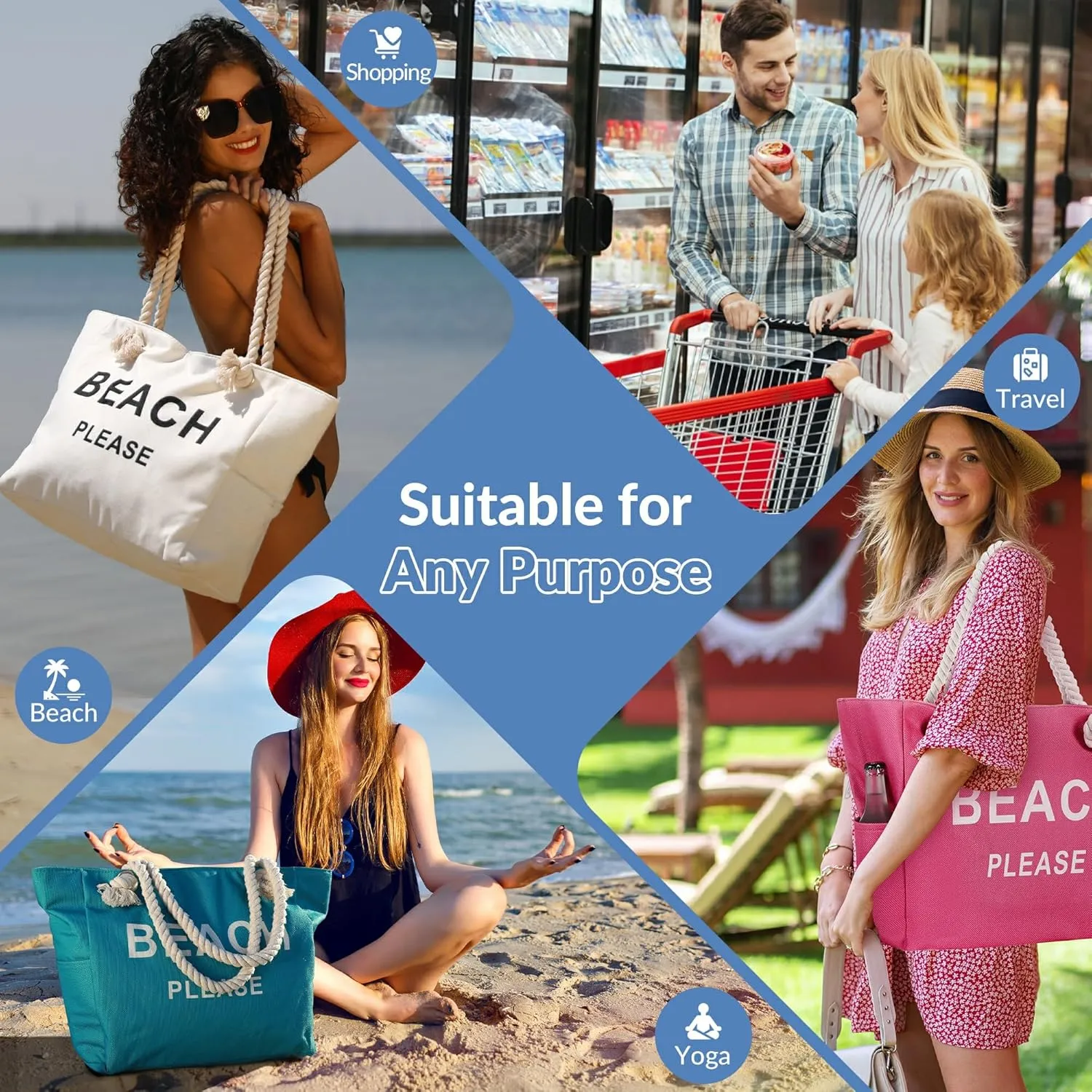 Large Canvas Beach Tote Bag with Zipper Women Swim, Travel, Shopping, Gym and Beach Holiday Cruise Essentials