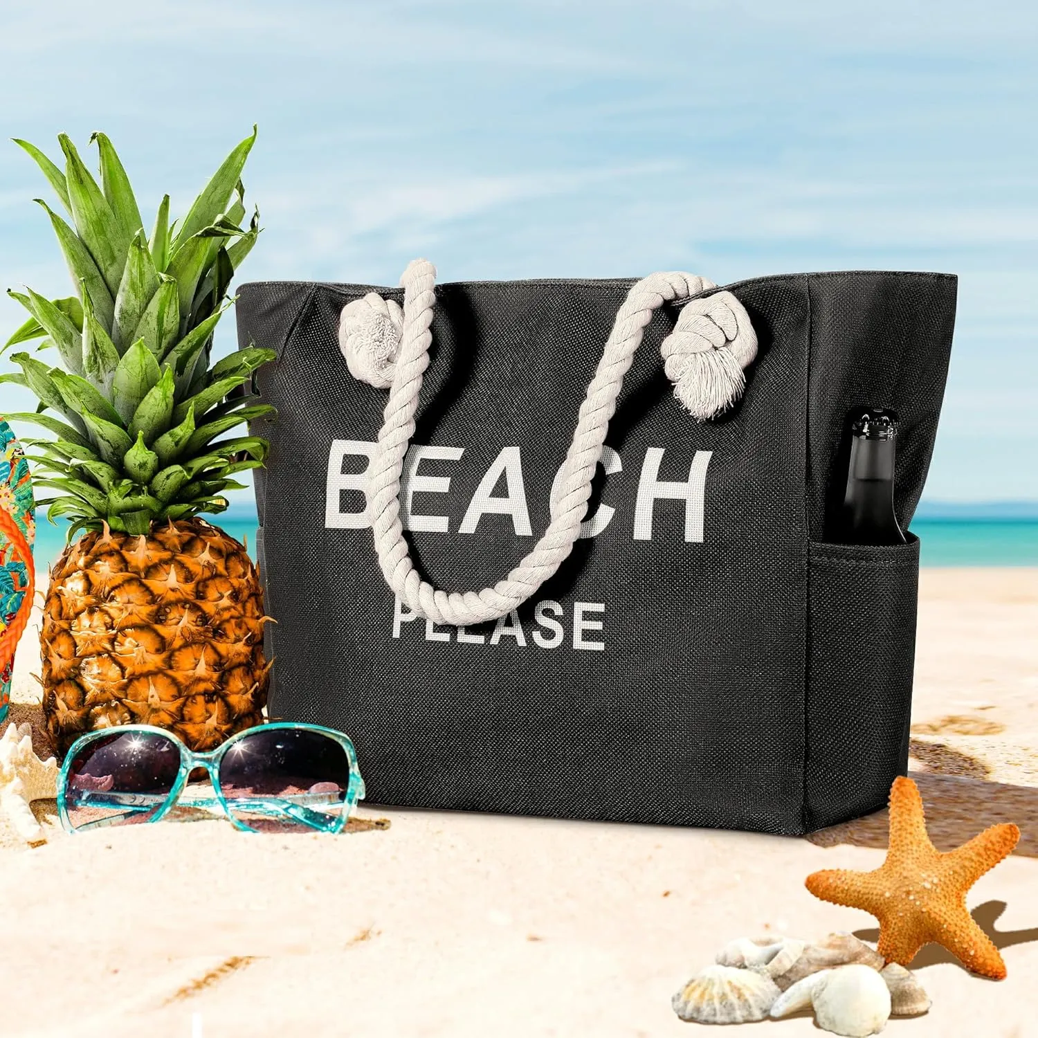 Large Canvas Beach Tote Bag with Zipper Women Swim, Travel, Shopping, Gym and Beach Holiday Cruise Essentials