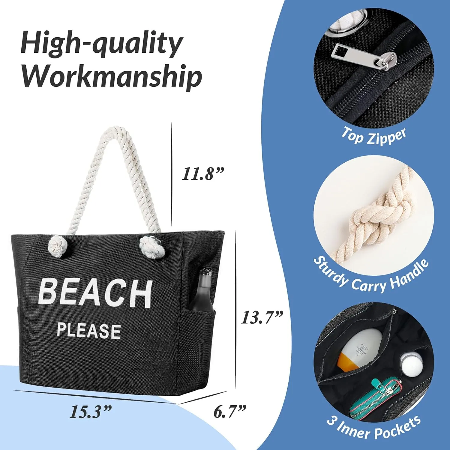 Large Canvas Beach Tote Bag with Zipper Women Swim, Travel, Shopping, Gym and Beach Holiday Cruise Essentials