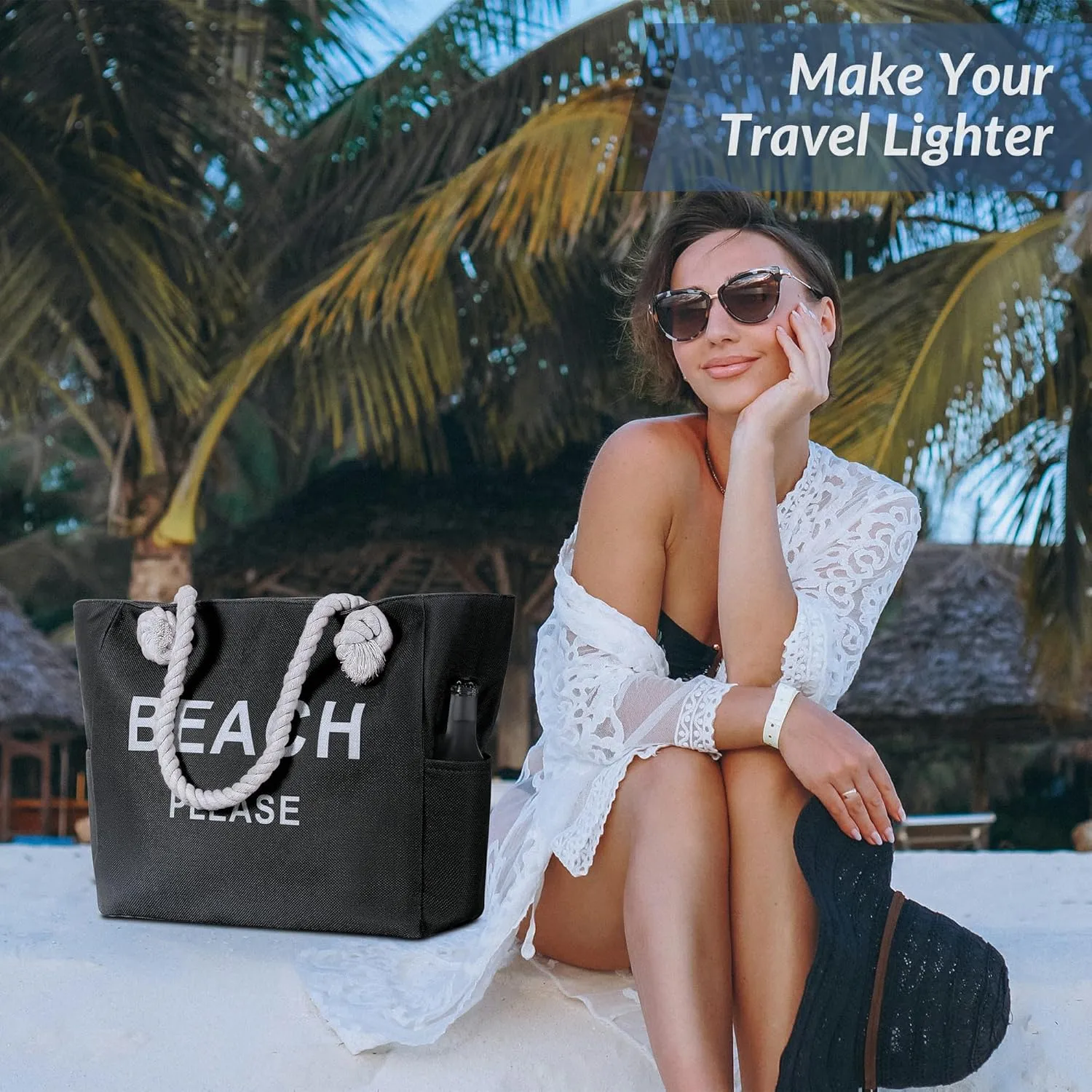 Large Canvas Beach Tote Bag with Zipper Women Swim, Travel, Shopping, Gym and Beach Holiday Cruise Essentials