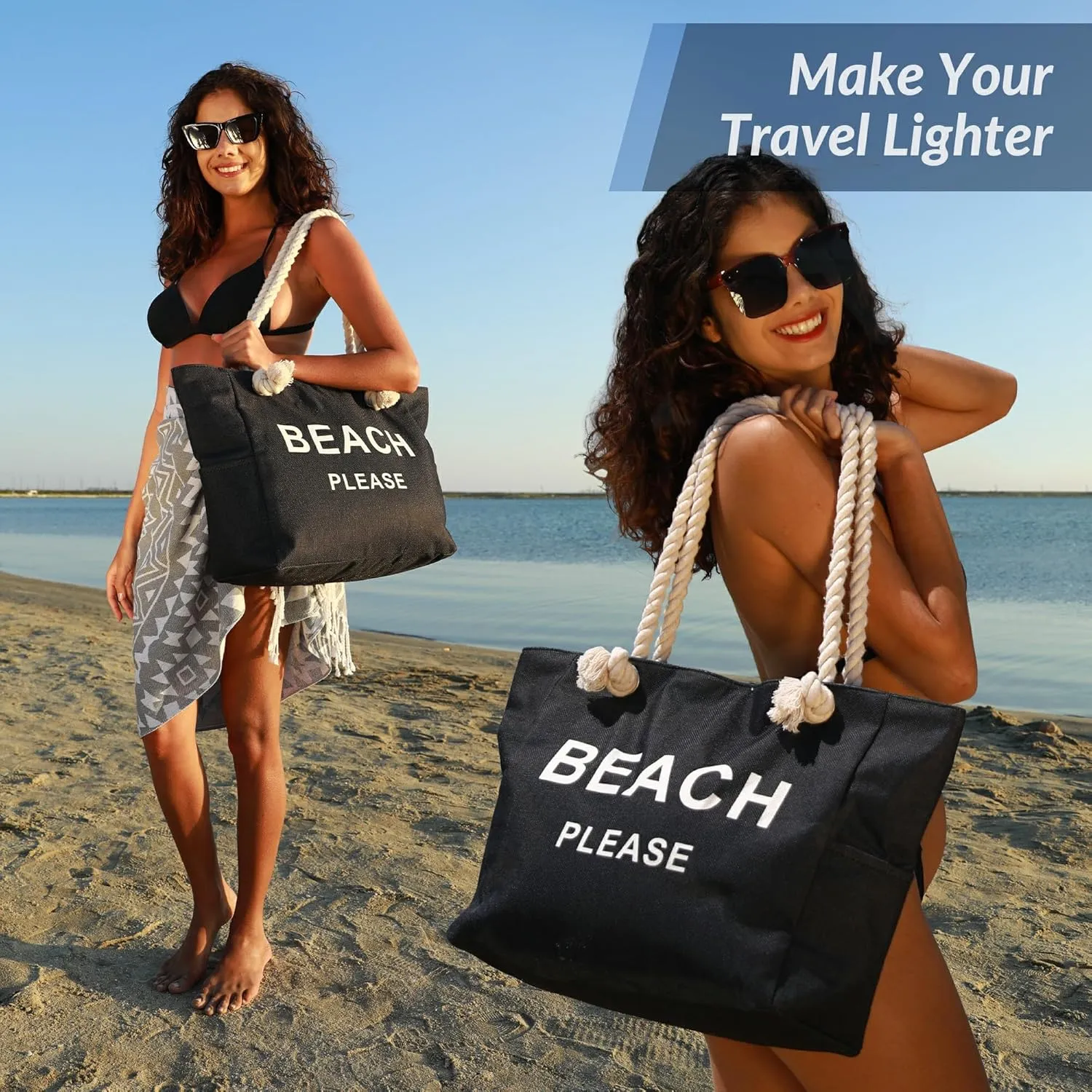 Large Canvas Beach Tote Bag with Zipper Women Swim, Travel, Shopping, Gym and Beach Holiday Cruise Essentials