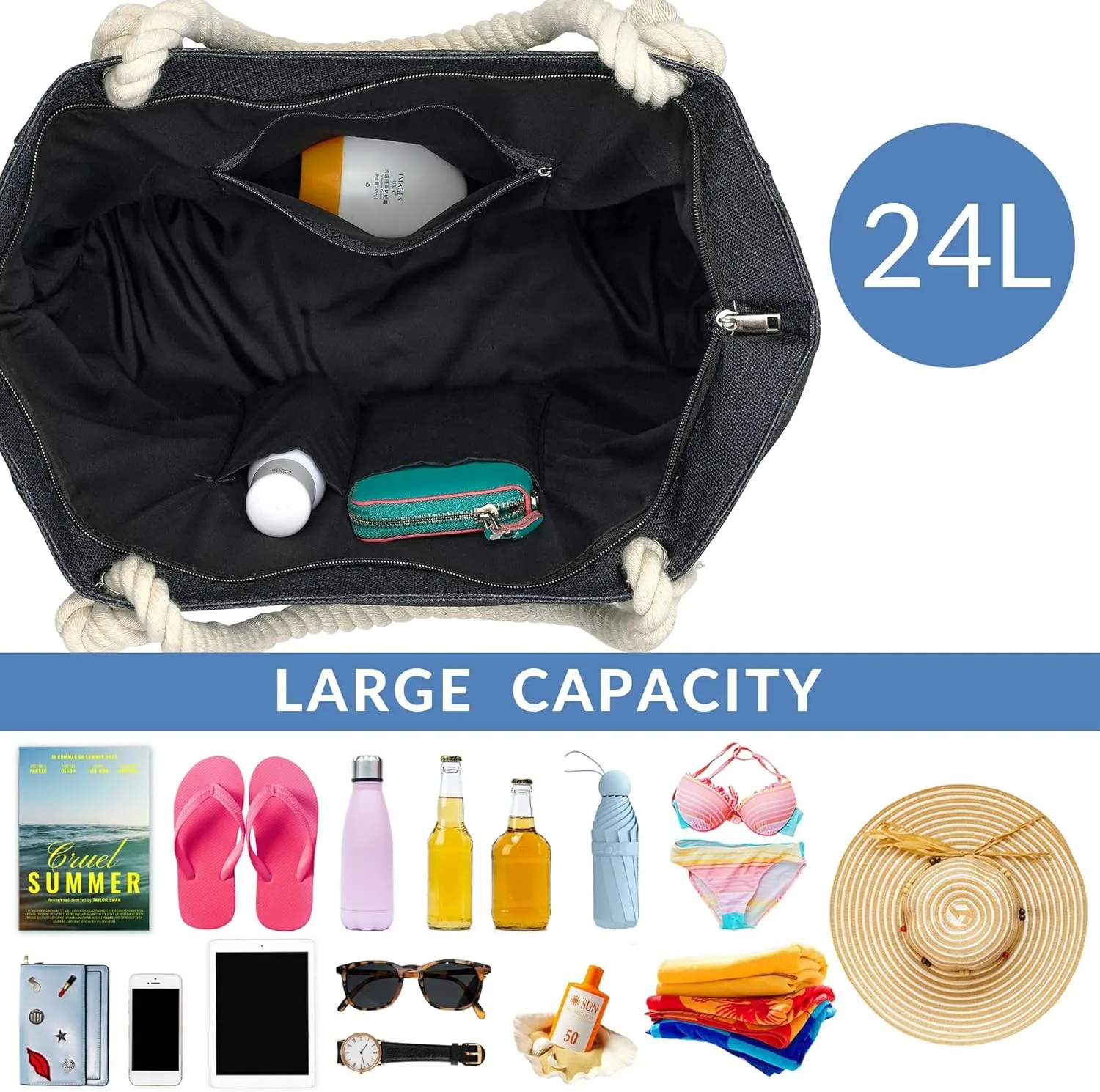 Large Canvas Beach Tote Bag with Zipper Women Swim, Travel, Shopping, Gym and Beach Holiday Cruise Essentials