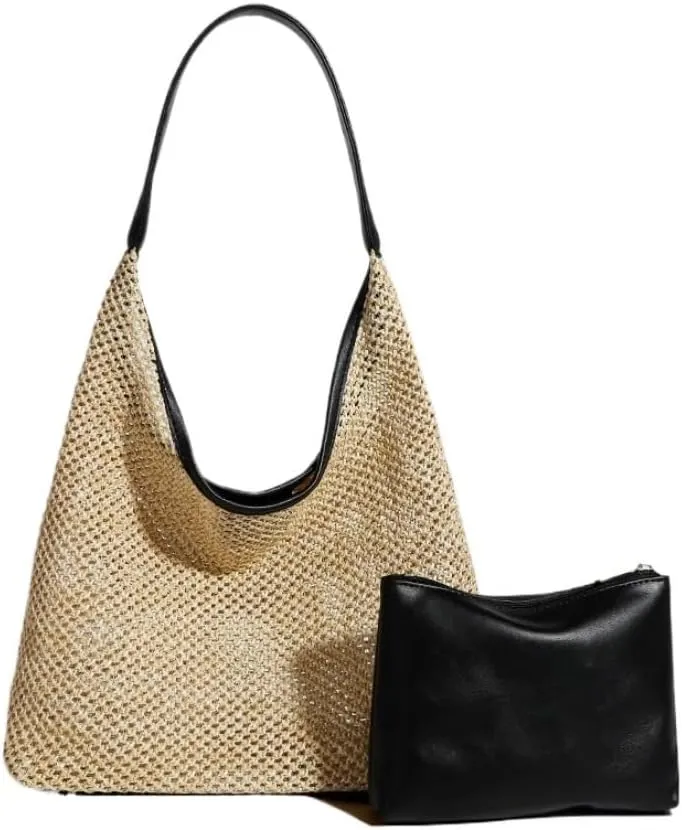Large capacity Bag Vintage Straw Tote Bag Shoulder Large Bag Ladies Casual Summer Vacation Beach Bag Ladies shoulder Bag