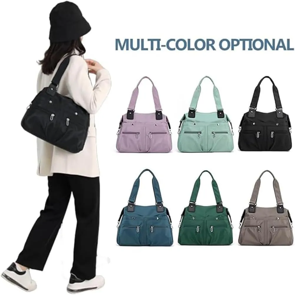 Large Capacity Waterproof Multi Pocket Shoulder Bag, Lightweight Nylon Tote Bag with Zipper
