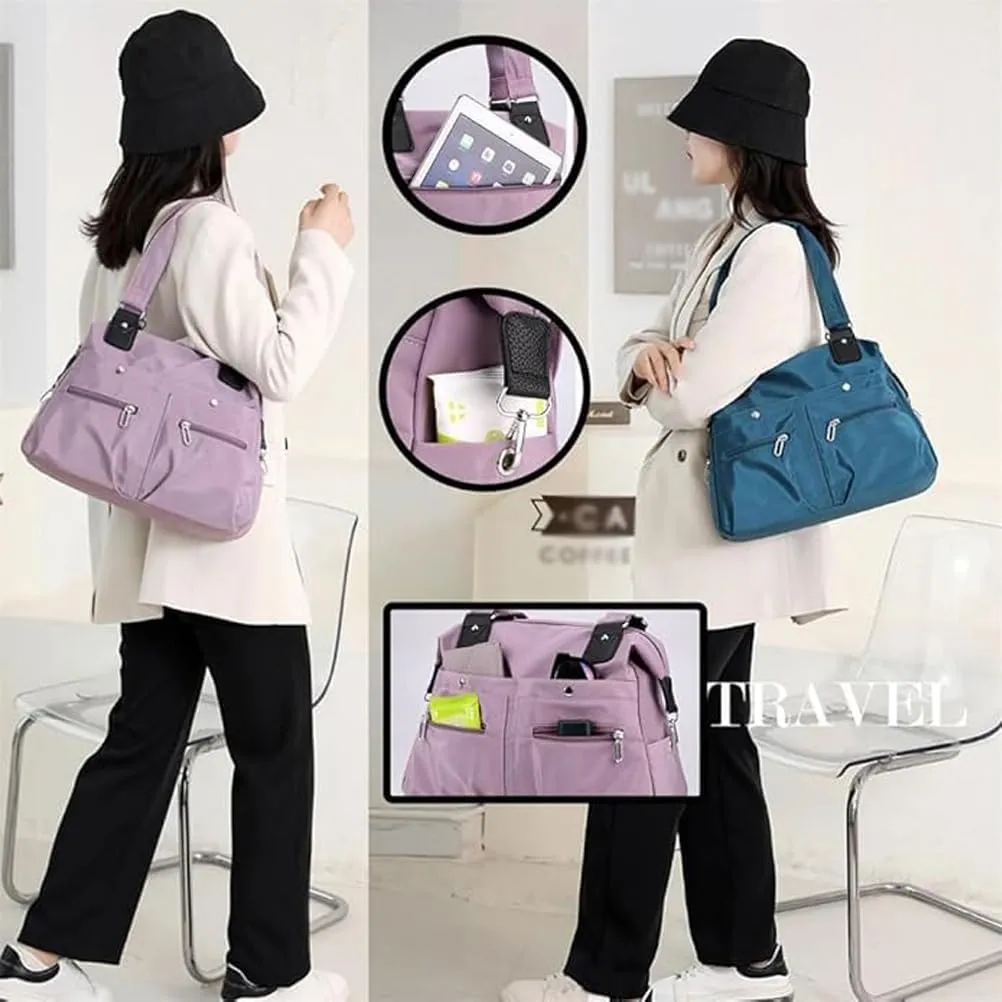 Large Capacity Waterproof Multi Pocket Shoulder Bag, Lightweight Nylon Tote Bag with Zipper