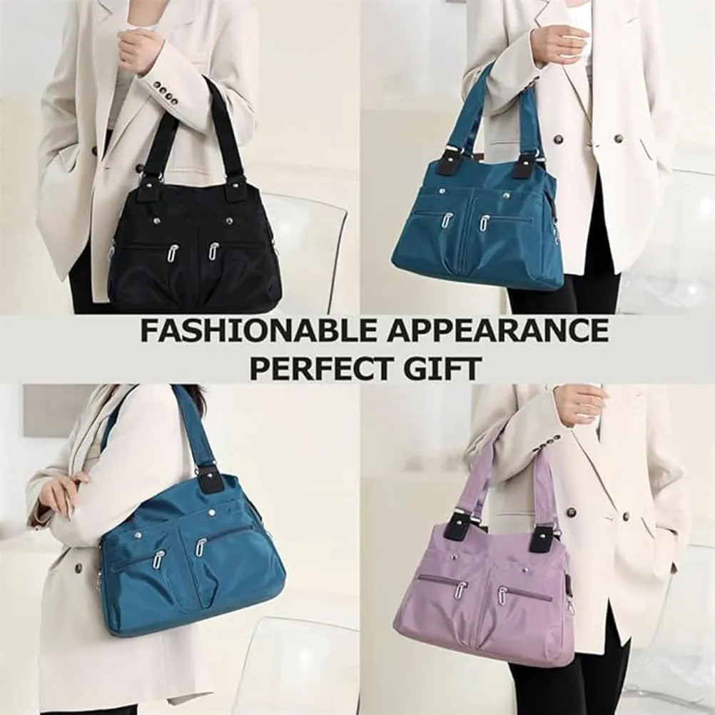 Large Capacity Waterproof Multi Pocket Shoulder Bag, Lightweight Nylon Tote Bag with Zipper
