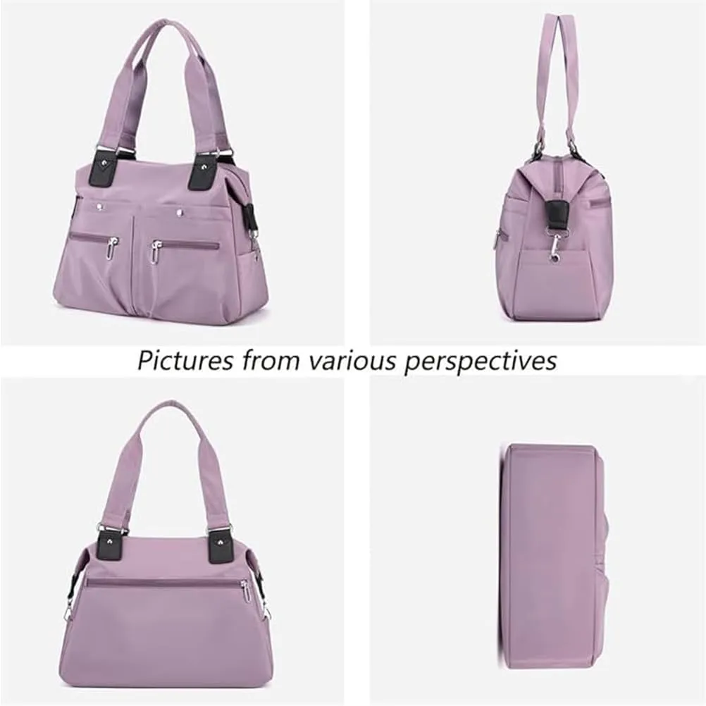 Large Capacity Waterproof Multi Pocket Shoulder Bag, Lightweight Nylon Tote Bag with Zipper