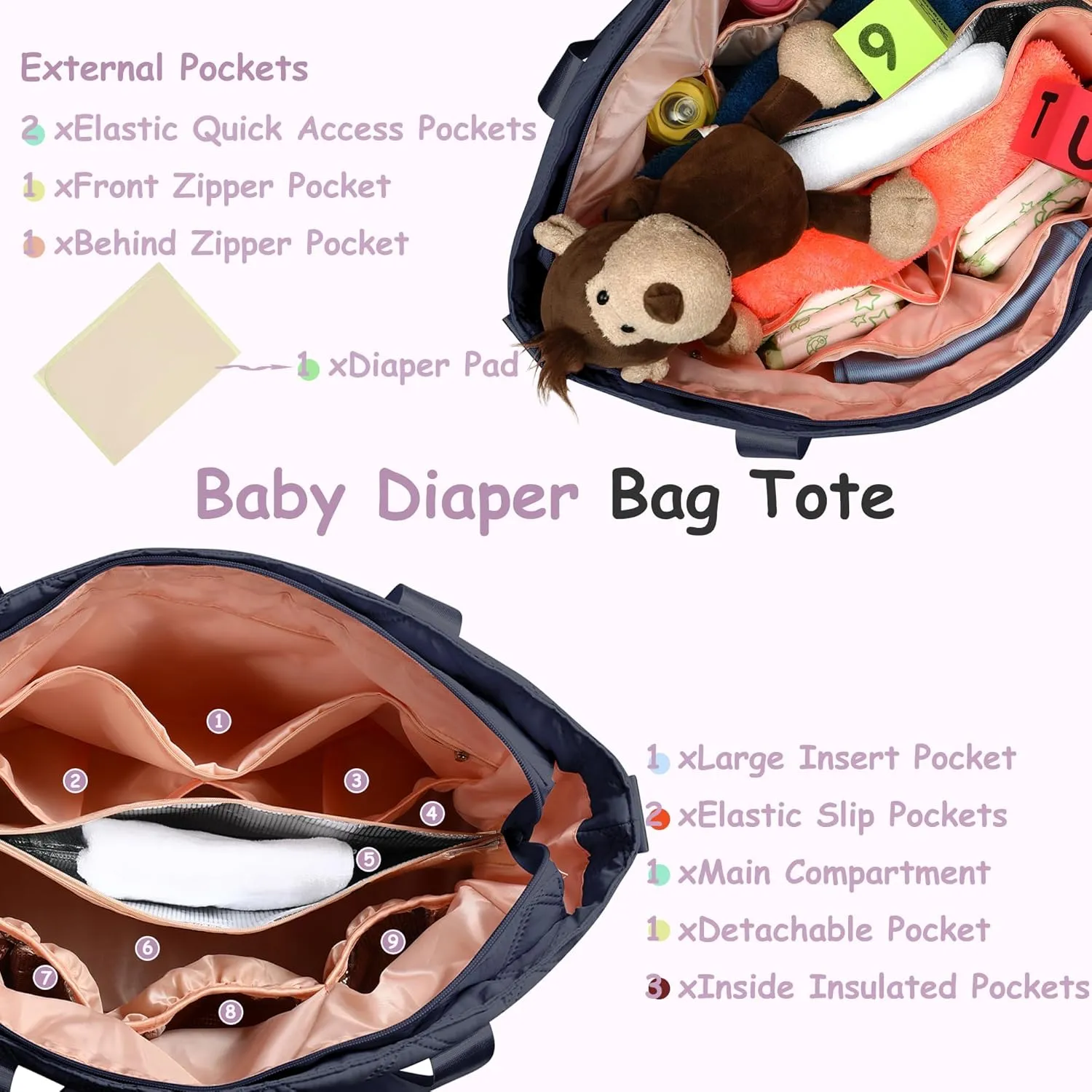 Large Crossbody Diaper Tote with Changing Pad, Mommy Storage Bag