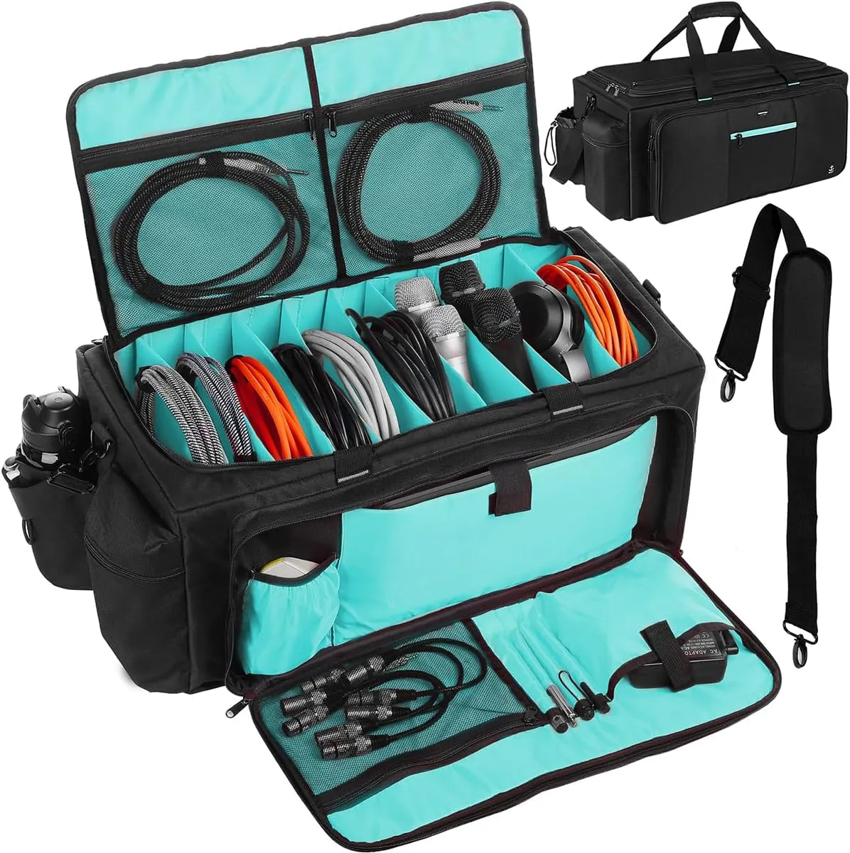 Large DJ Bag Built-in Sturdy Support Board, DJ cable bag with 9 Detachable Divider & Padded Shoulder Strap, gig bag for Professional DJ Gear, Musical Instrument and Accessories