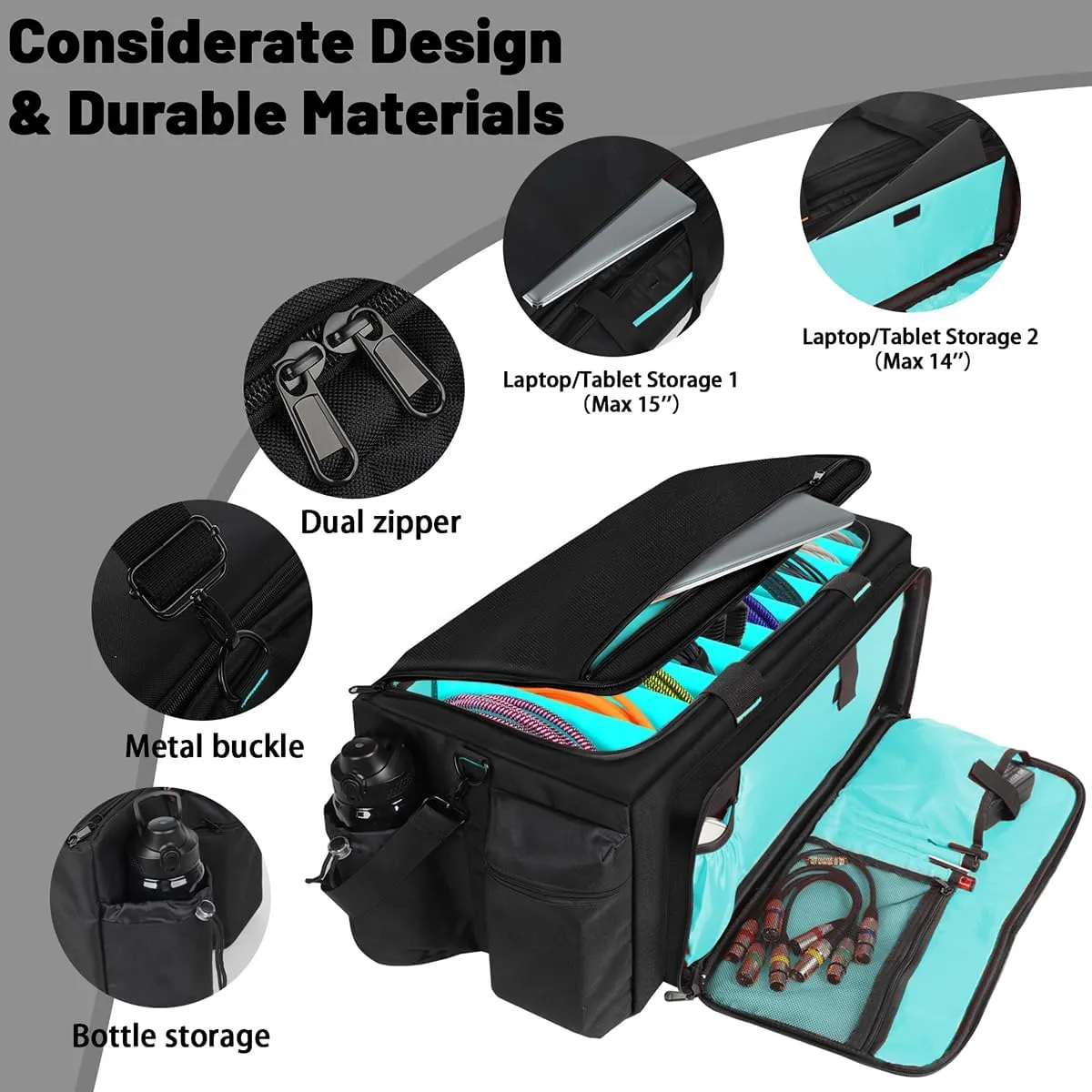 Large DJ Bag Built-in Sturdy Support Board, DJ cable bag with 9 Detachable Divider & Padded Shoulder Strap, gig bag for Professional DJ Gear, Musical Instrument and Accessories