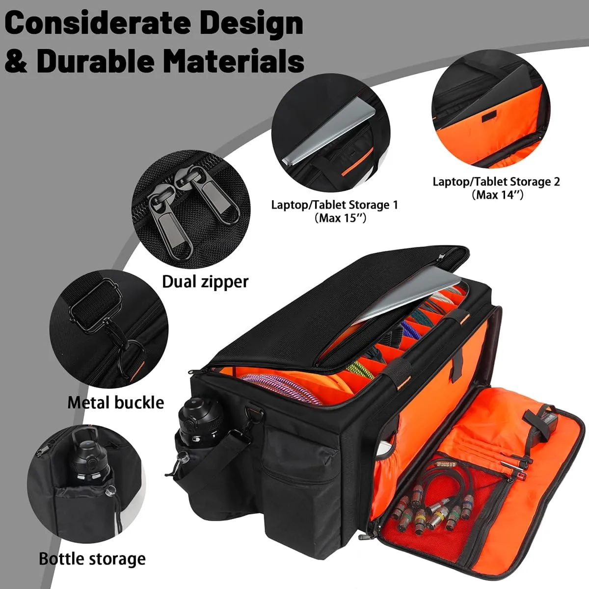 Large DJ Bag Built-in Sturdy Support Board, DJ cable bag with 9 Detachable Divider & Padded Shoulder Strap, gig bag for Professional DJ Gear, Musical Instrument and Accessories