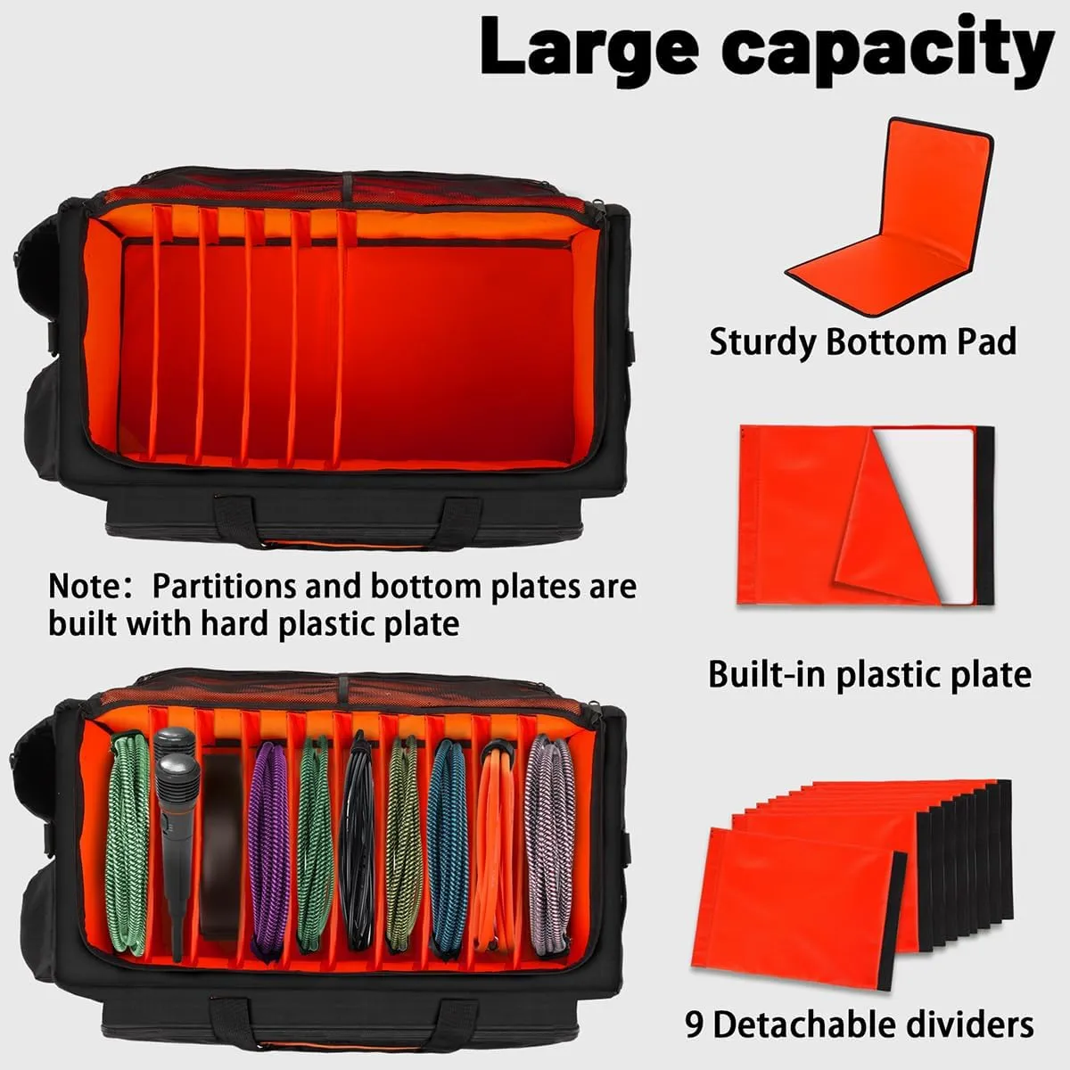 Large DJ Bag Built-in Sturdy Support Board, DJ cable bag with 9 Detachable Divider & Padded Shoulder Strap, gig bag for Professional DJ Gear, Musical Instrument and Accessories
