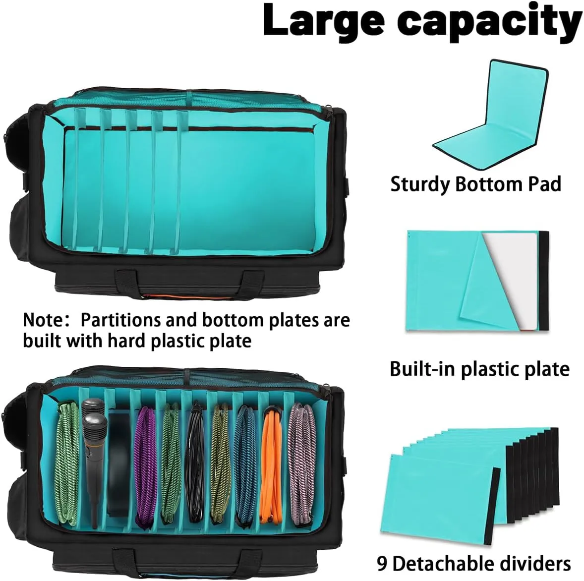 Large DJ Bag Built-in Sturdy Support Board, DJ cable bag with 9 Detachable Divider & Padded Shoulder Strap, gig bag for Professional DJ Gear, Musical Instrument and Accessories