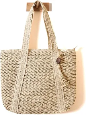 Large Straw Woven Bag for women, Straw Beach Tote Bag with Tassels, Boho Summer Shoulder Handbags for Vacation
