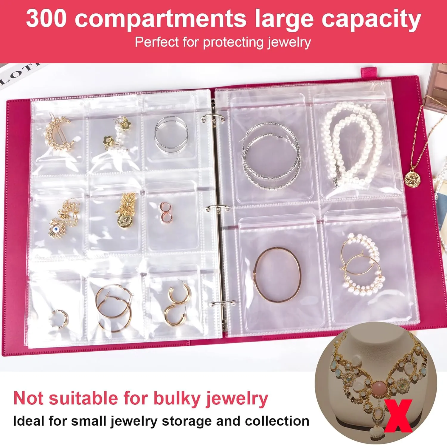 Large Transparent Jewelry Storage Book with 300 Pockets and 50 Jewelry Pouches,Travel Jewelry Organizer and Storage,Jewelry Binder Organizer for Earring,Bracelet,Necklace