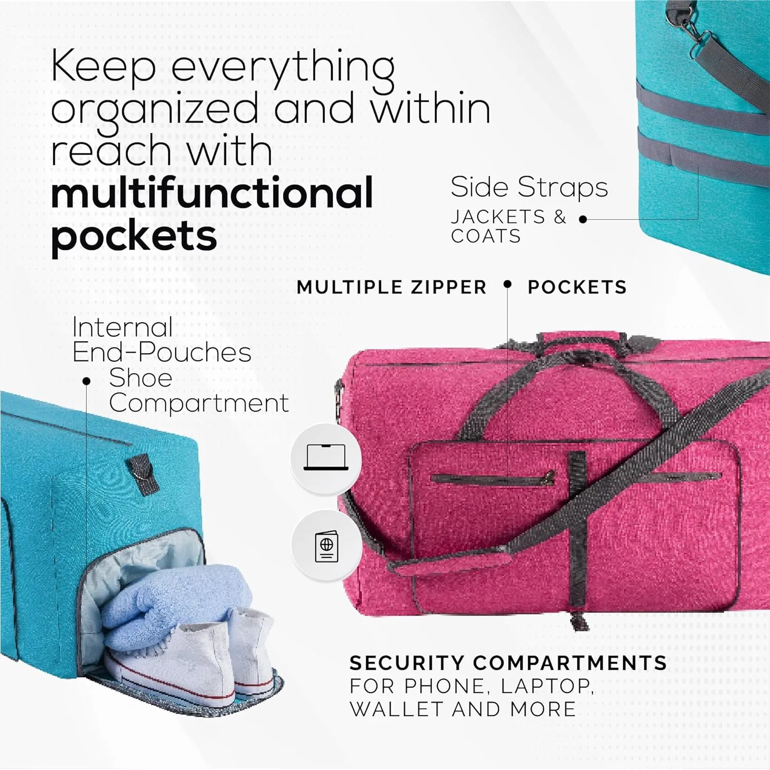 Large Travel Duffel Bag & Tote Luggage - Perfect Overnight Weekender & Gym Bag for Men & Women - Water-Resistant, Shoe Compartment - 80L (27 X 15 X 12 inches) Pink