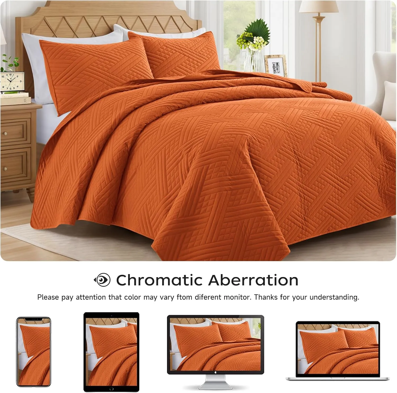 Lavsiry Burnt Orange Quilt Twin Size with Striped Pattern, Lightweight Soft Summer Thin Microfiber Bedspread & Coverlet Bedding Set for All Seasons - 2 Piece(1 Quilt, 1 Pillow Sham)